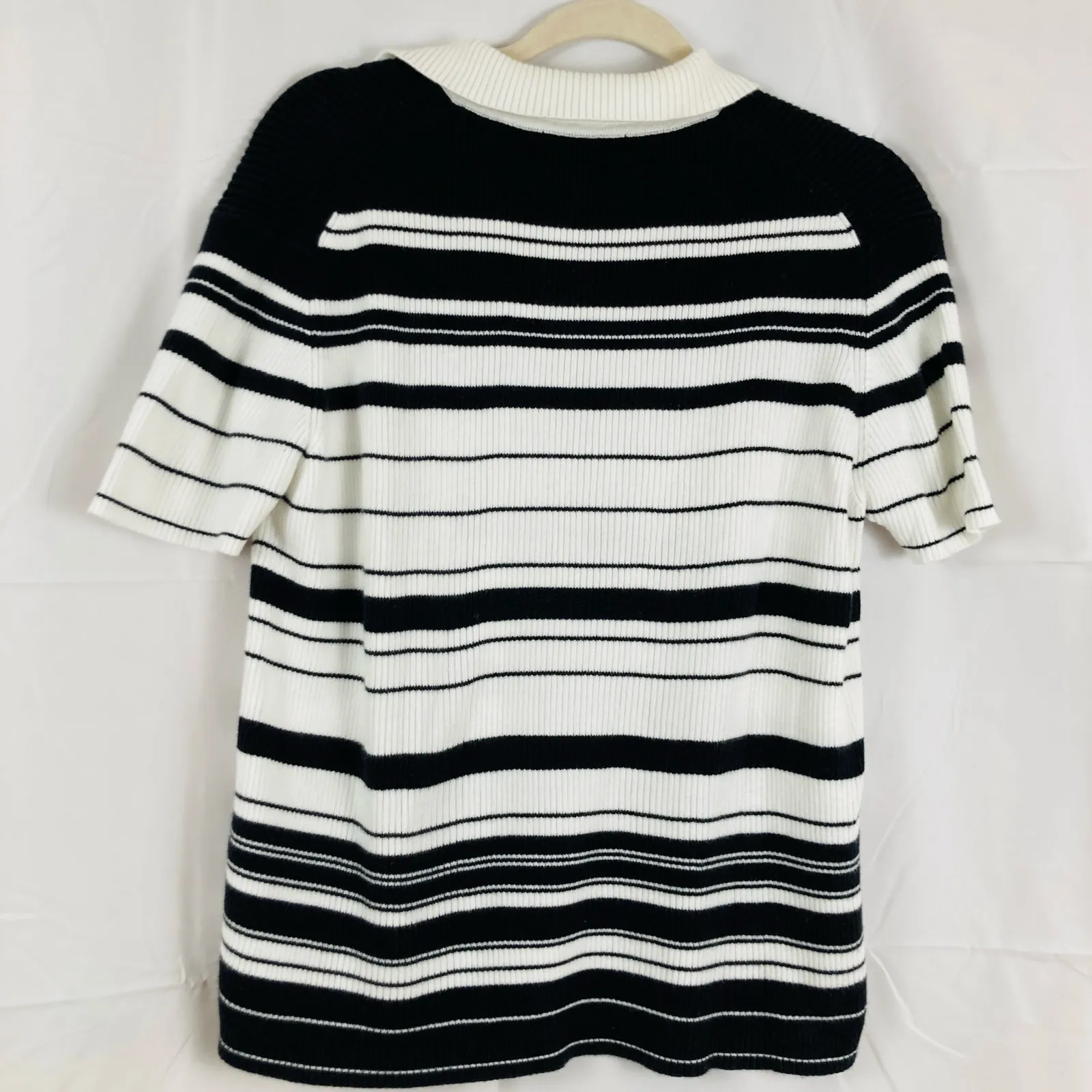 VTG Womens L White & Black Stripe Ribbed Polo Sweater Preppy 90s Old Money Retro Size L - Image 2