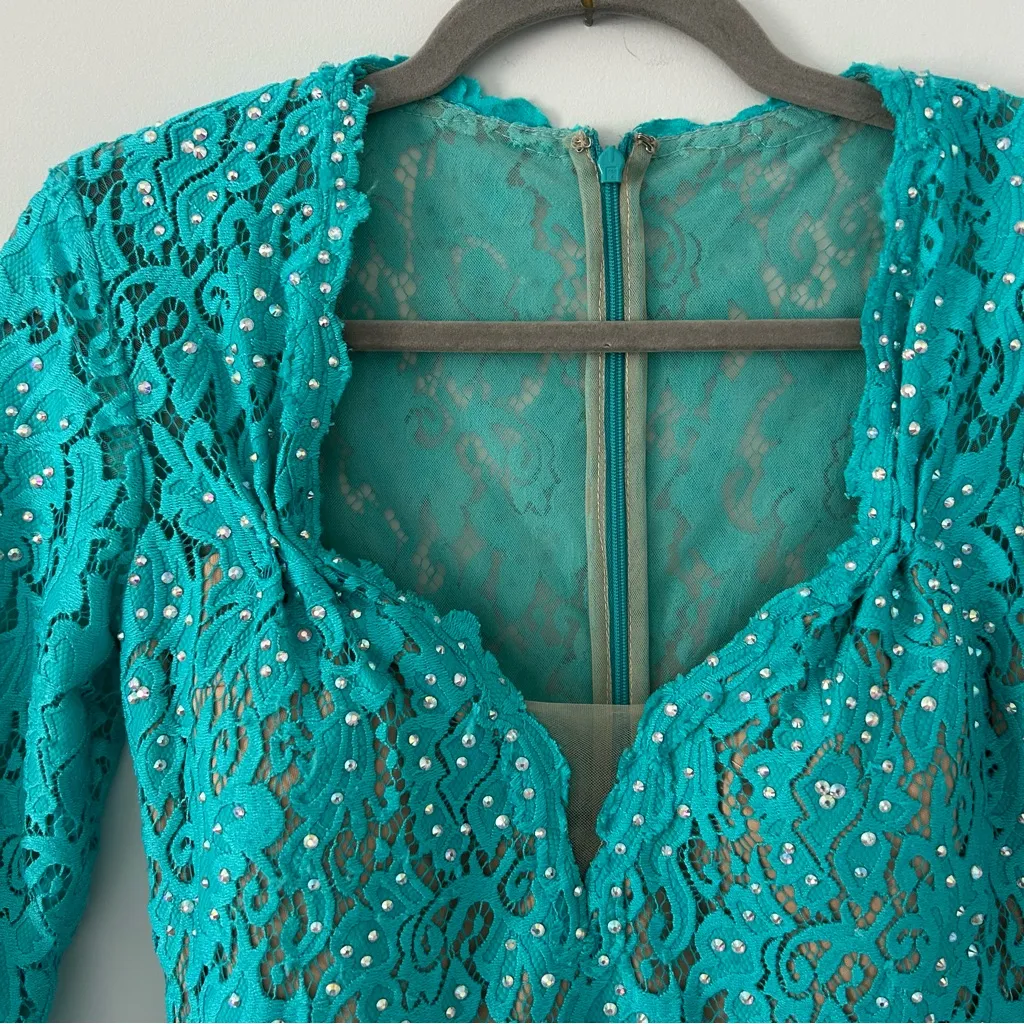 Jovani 20025 Long Formal Turquoise Rhinestone Elbow Length Sleeve Lace Dress 2 - Image 7