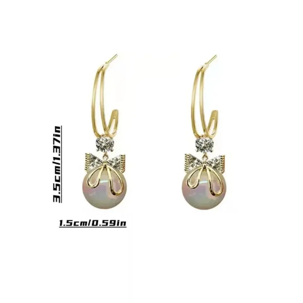 Exquisite Creative Faux Pearl & Cubic Zirconia Decor‎ Bow Knot Drop Earrings Gold - Image 4