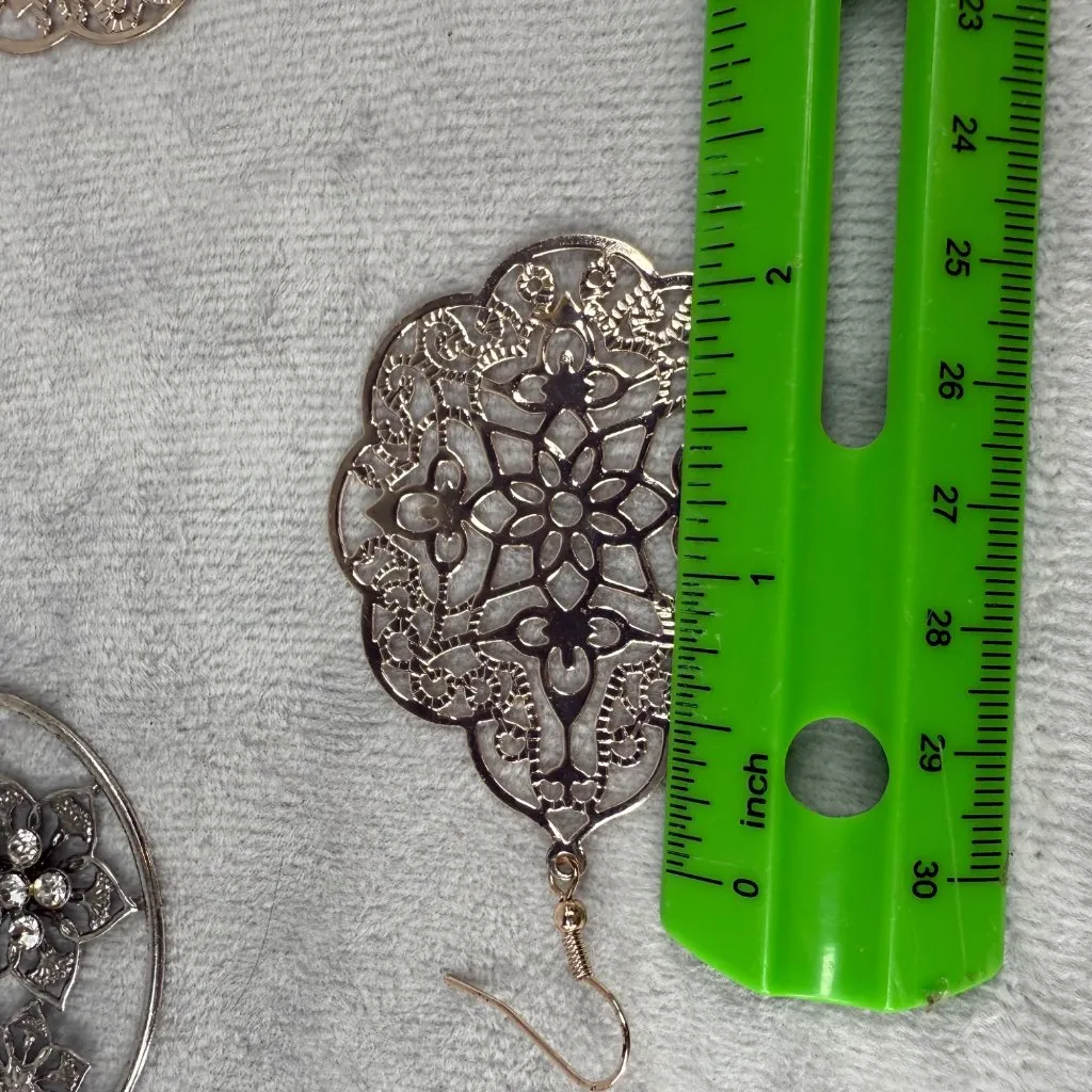 Floral Statement Dangle Earrings 2 Pair Pierced Hooks Silver & Gold - Image 7