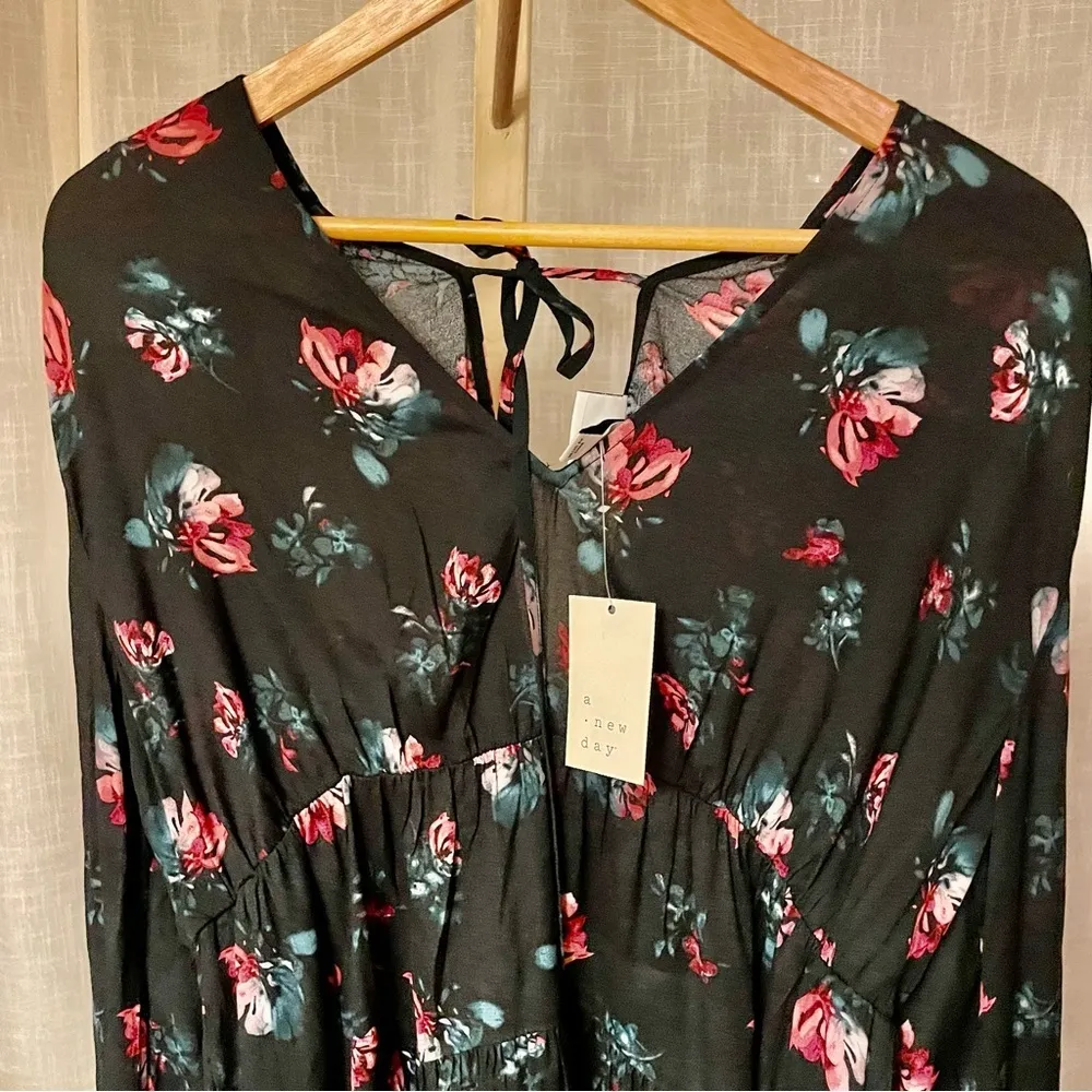 A New Day Black Floral Long Sleeve Mini Dress Large - Image 2