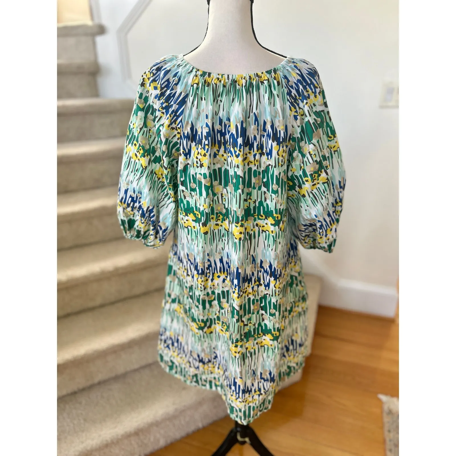 Frances Valentine Green Blue Yellow Scoop Neck Puff Sleeve Cotton Peasant Dress - Image 4