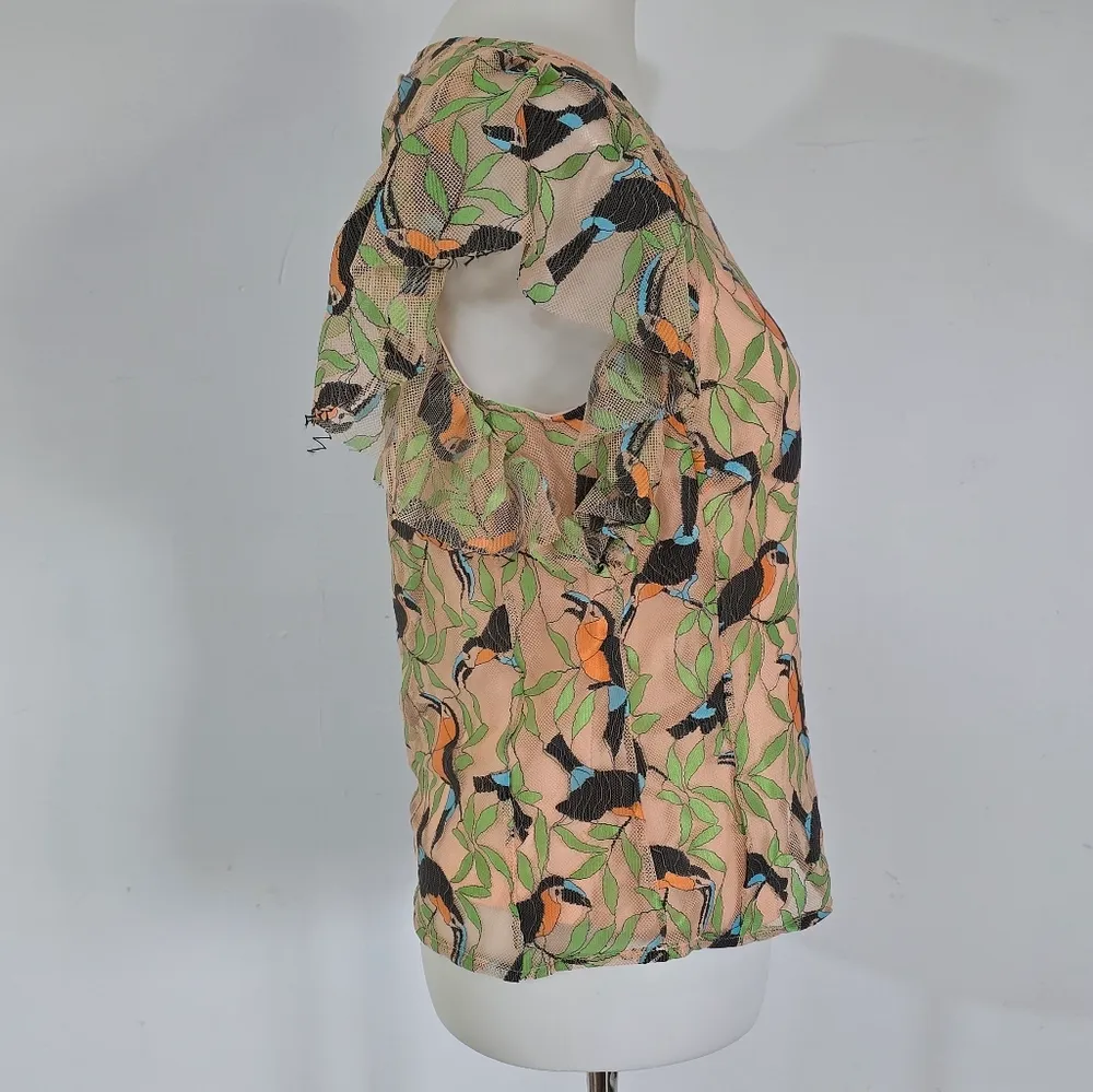 Anthropologie Eva Franco Beige Bosque Embroidered Toucan Blouse Size Medium - Image 4