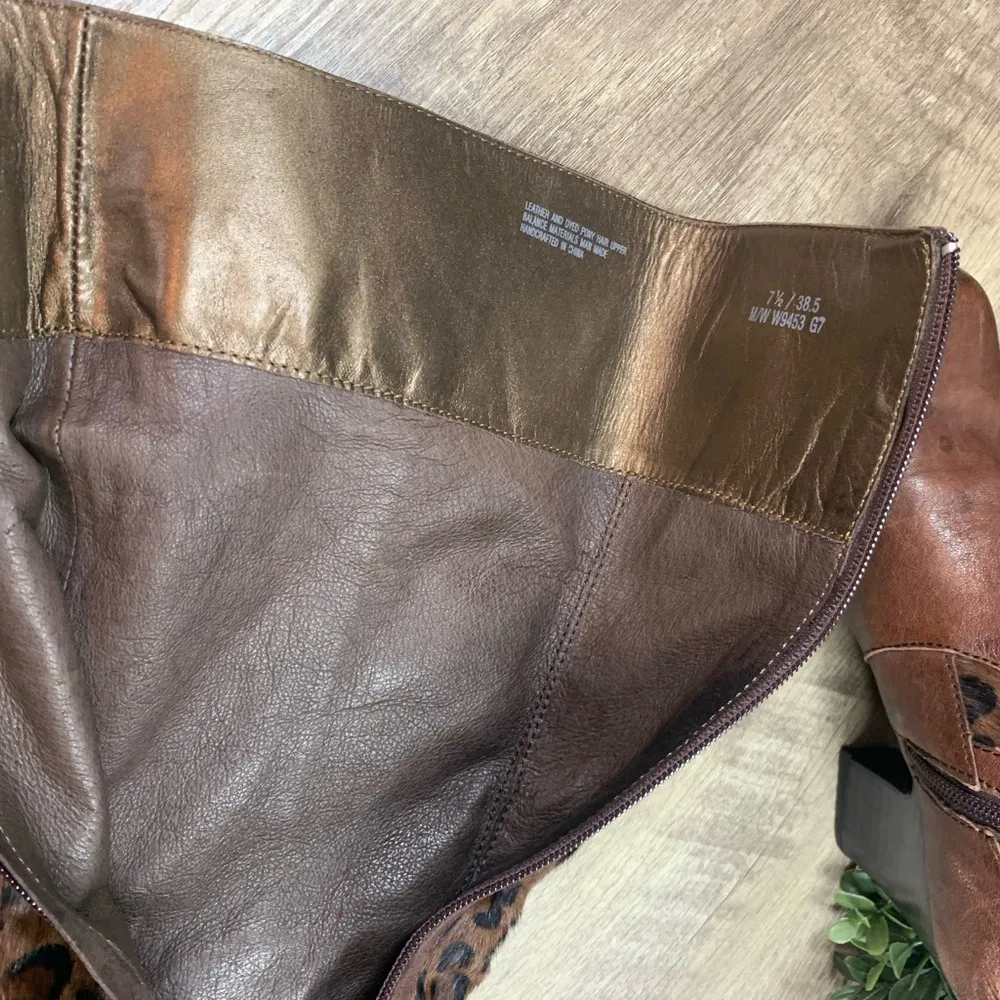 Born Leather Boots Ladies 7.5 Vintage w/Leopard Print Pony Hair Knee High Brown - Image 8