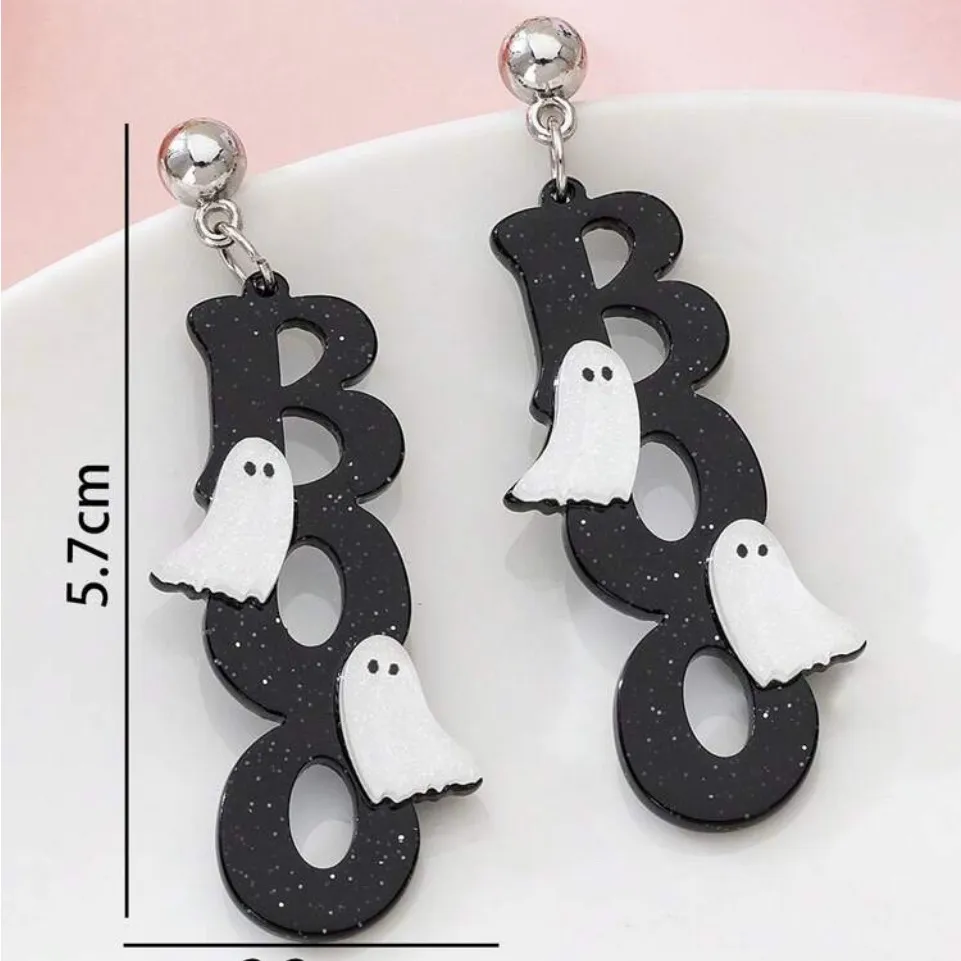 👻👻👻3 for 12$👻👻👻Black 'Boo' Earrings with White Ghosts Black - Image 4