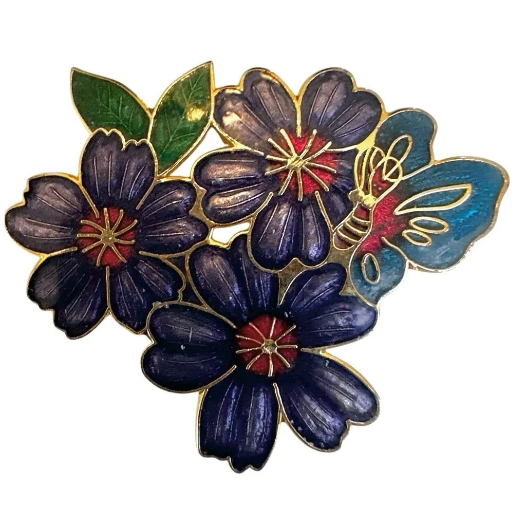 Vintage Cloisonné Butterfly & Purple Floral Brooch - Image 4