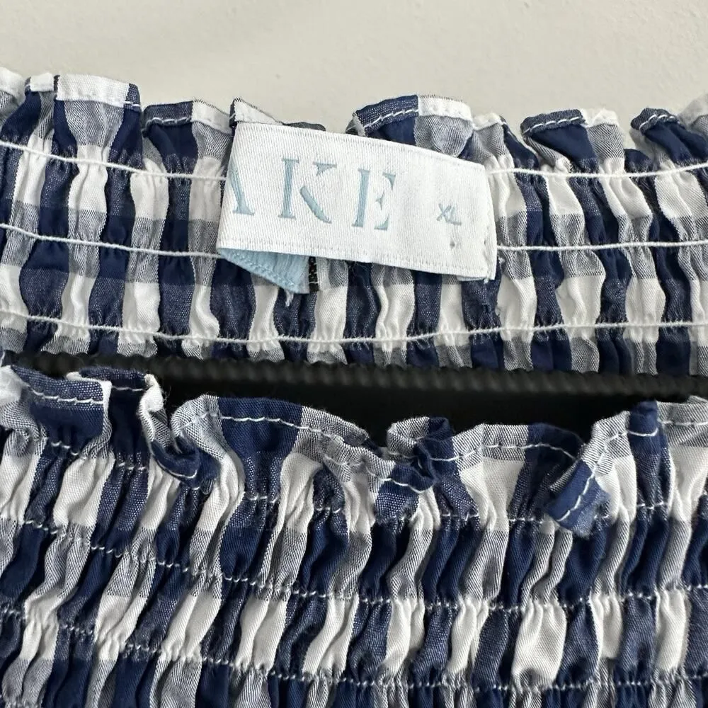 LAKE Veranda Dress XL Smocked Navy White Gingham Plaid Check Cotton Cottage Blue - Image 7