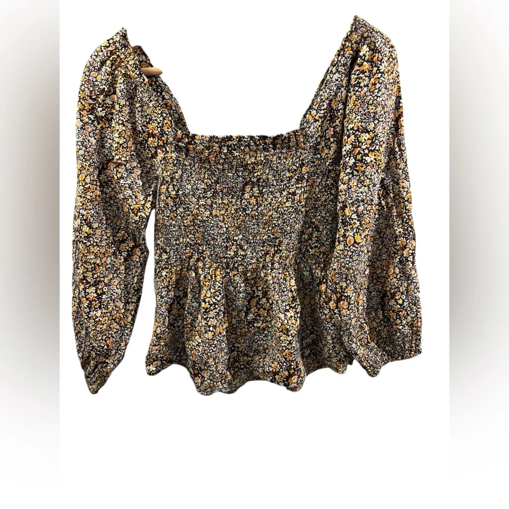 Madewell Womens Lucie Smocked Peplum Square Neck Top Black milkmaid Floral Sz 00 - Image 2