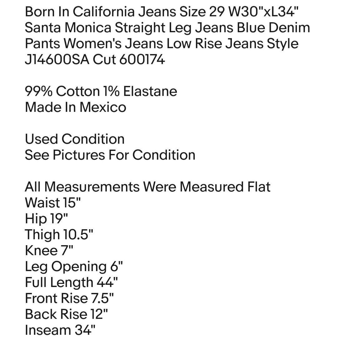 Born In California Jeans Size 29 W30"xL34" Santa Monica Straight Leg Jeans Blue Denim Pants - Image 2