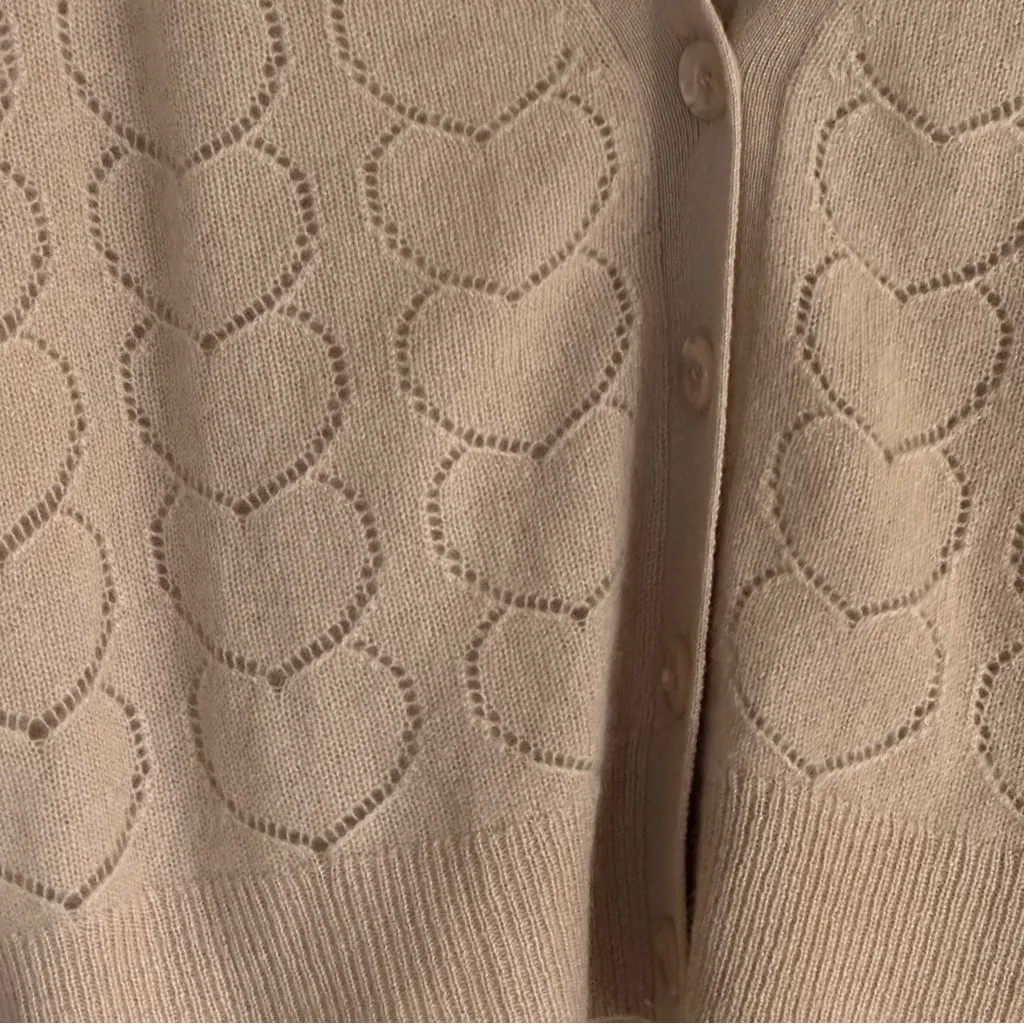 Filoro Pointelle Heart 2 Ply 100%‎ Cashmere Cardigan Honey Size Small Swe… Tan - Image 5