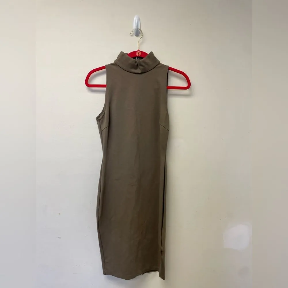 Elliatt Beige Bodycon Sexy Kim K Mock Neck Dress Full Body Back Zipper Sz S - Image 3