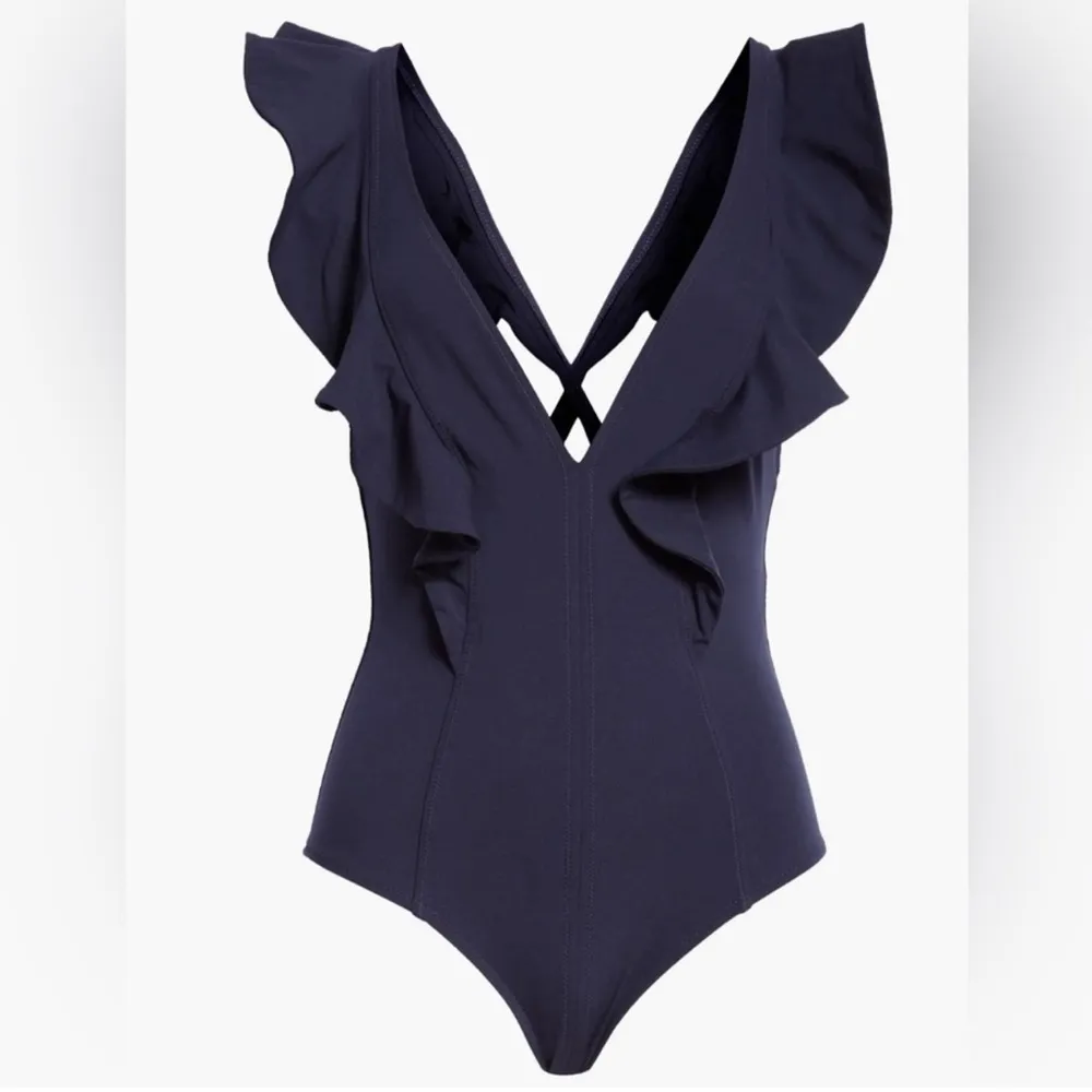 Ulla Johnson Evelina Ruffle Plunge One-Piece Swimsuit, Navy, Size Medium, $380 - Image 3