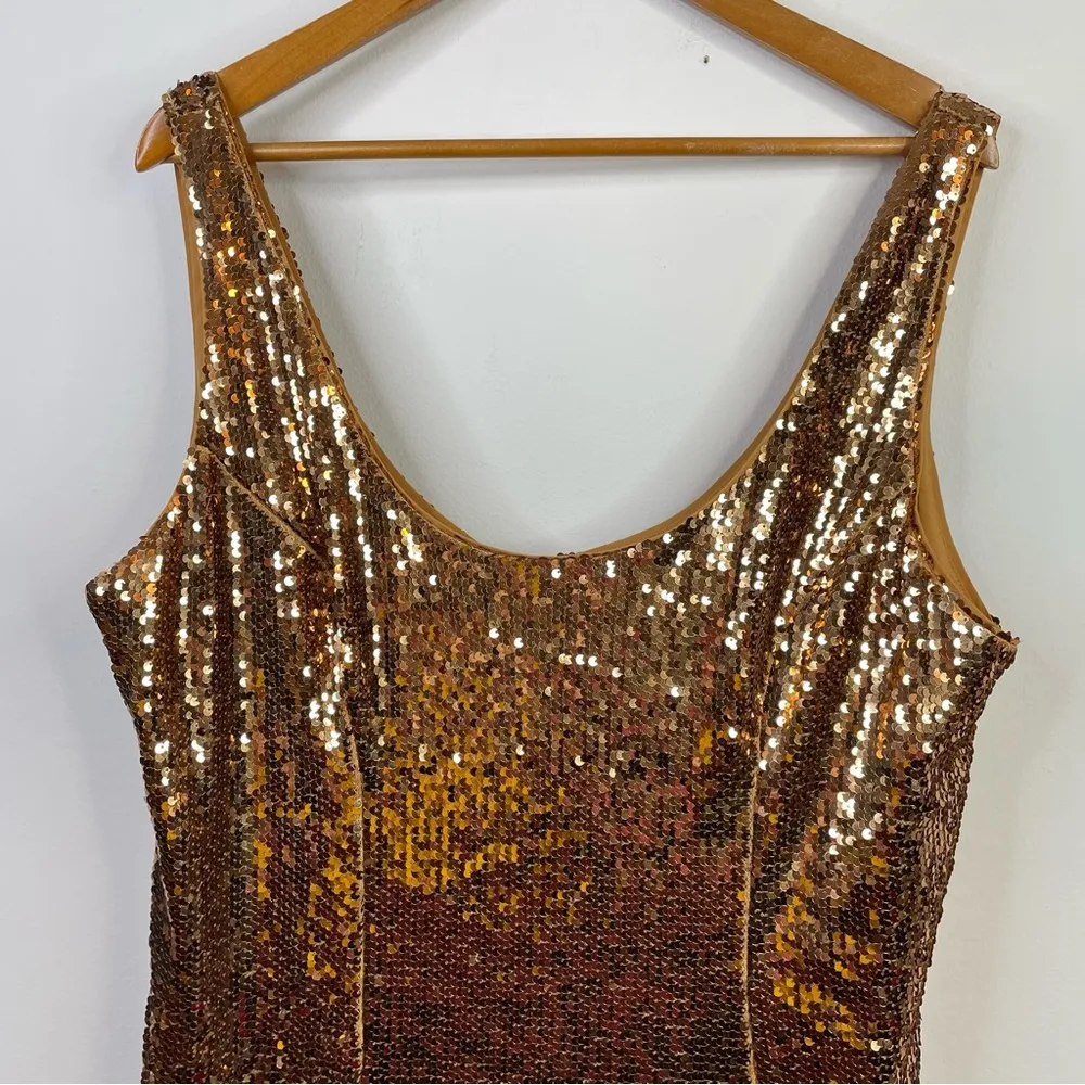 Bronze Copper Metallic Sequin Scoop Shimmer Sparkly Mini Dress women 14 new - Image 2