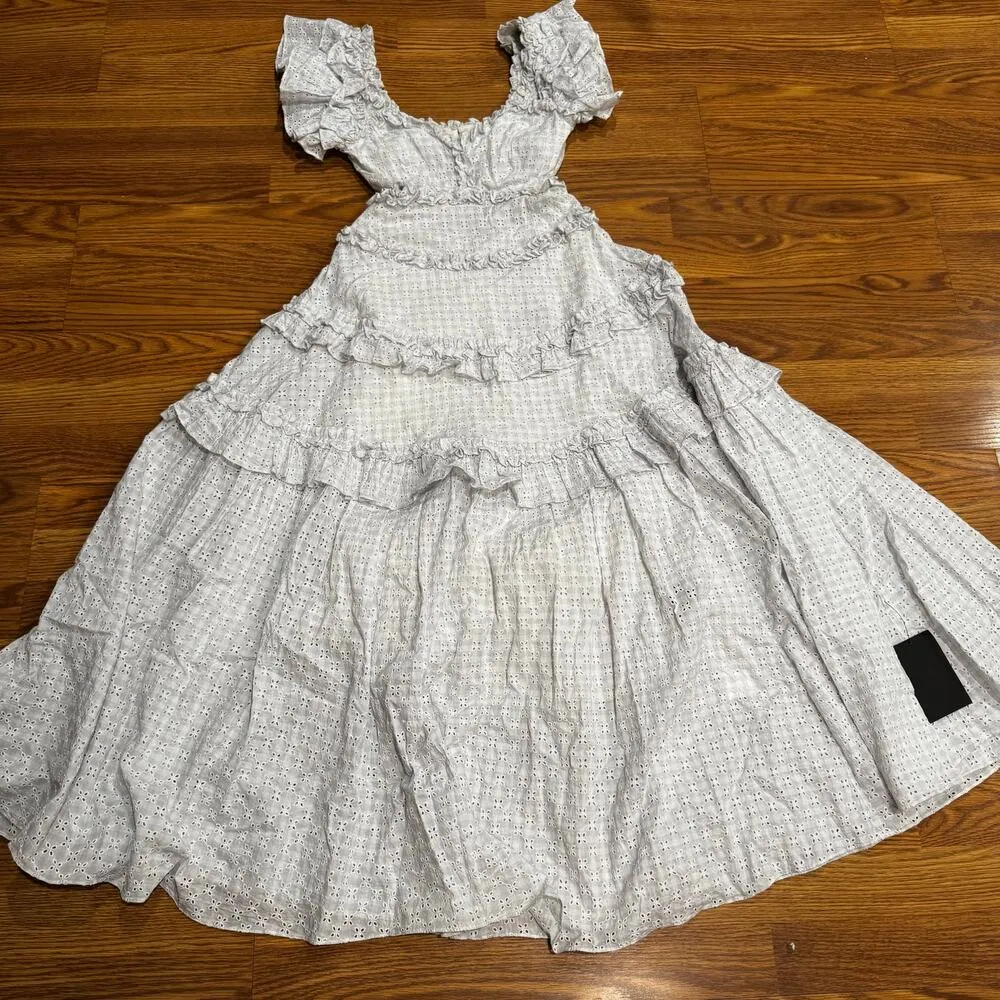 Needle & Thread white & blue broderie-anglaise organic cotton maxi dress 0 / XS - Image 12