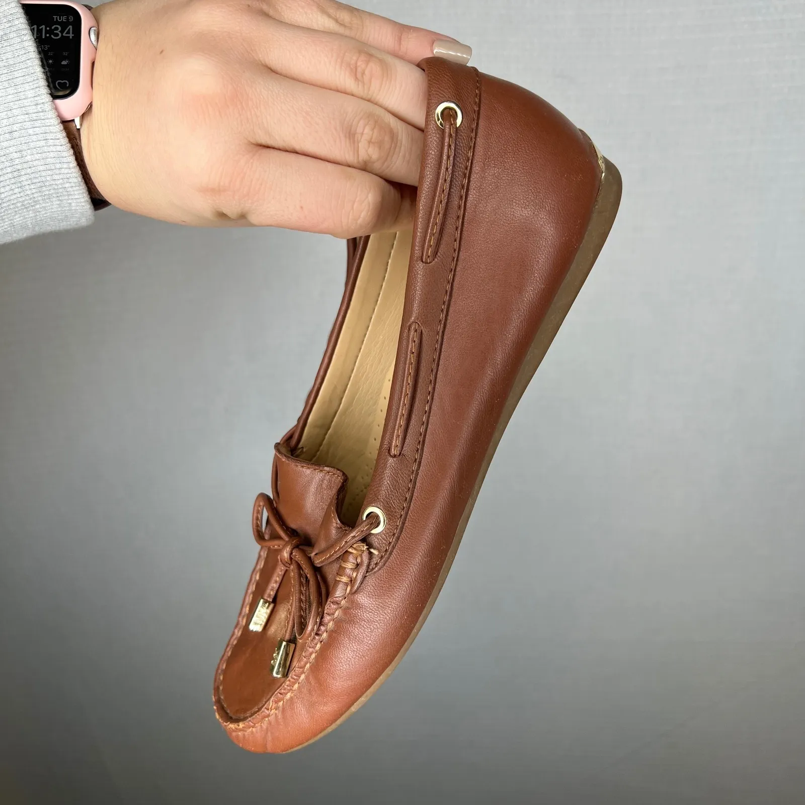 Michael Kors Women Brown Leather Bow Detail Driving Moccasin Flats Shoes 8.5M - Image 5