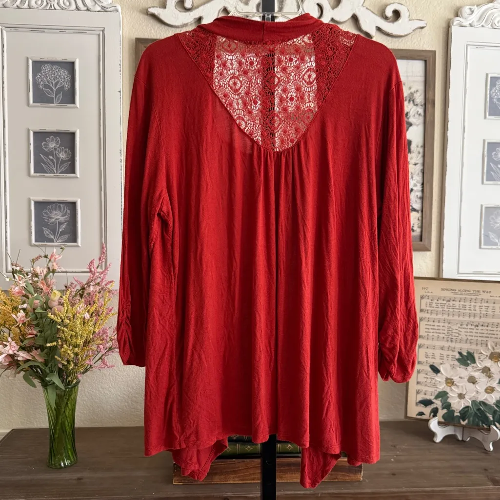 Plus Size 2X Red Cardigan Lace Back Layered Insert Long Sleeve Boho Chic Fall - Image 2