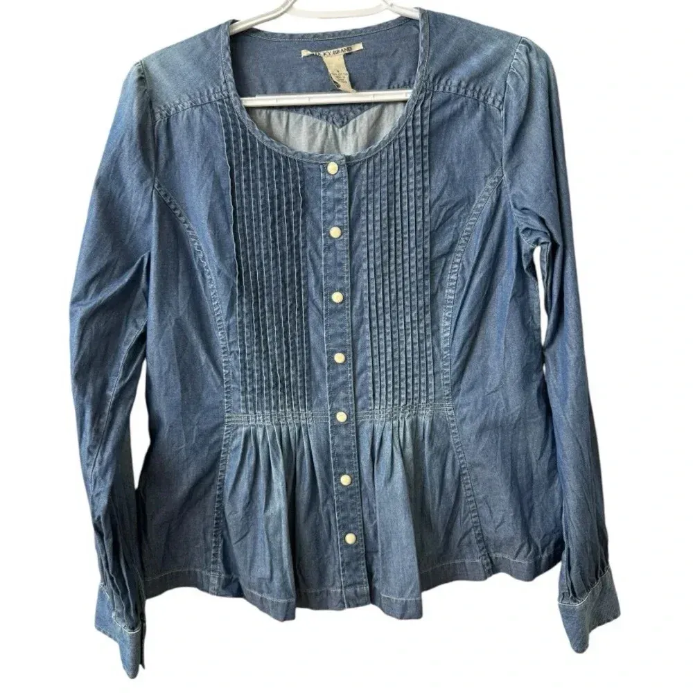 Lucky Brand Denim Longsleeve Ruffled Cotton Western‎ Style Top Pearl Buttons S - Image 2