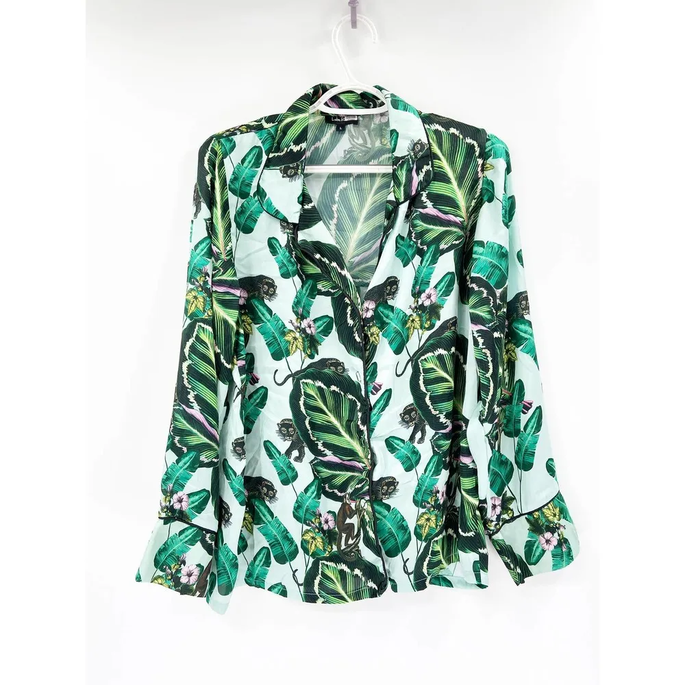 LoboRosa Tropical Palm Leaf Leopard Monkey Jungle Print Pajama Style Shirt Sz L Size L - Image 3