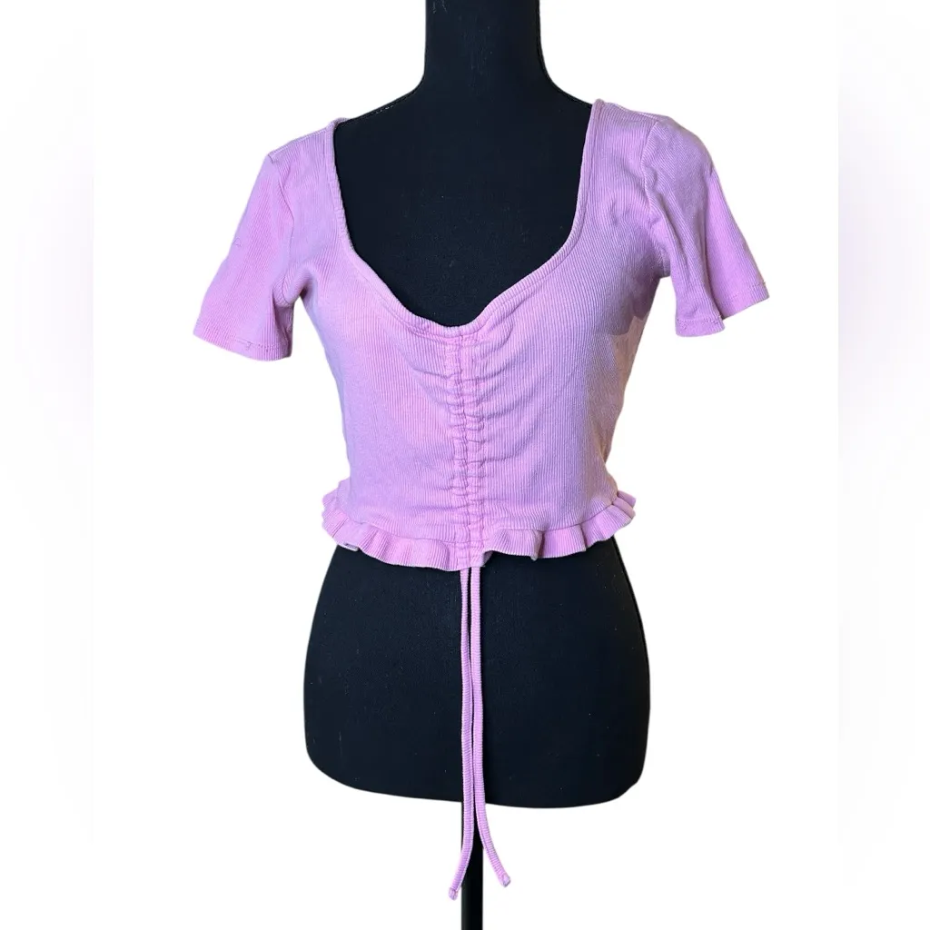 Zara Pink Ruffled Ruched Waist Front Tie V-Neck Top – Coquette Style Blouse | S - Image 5