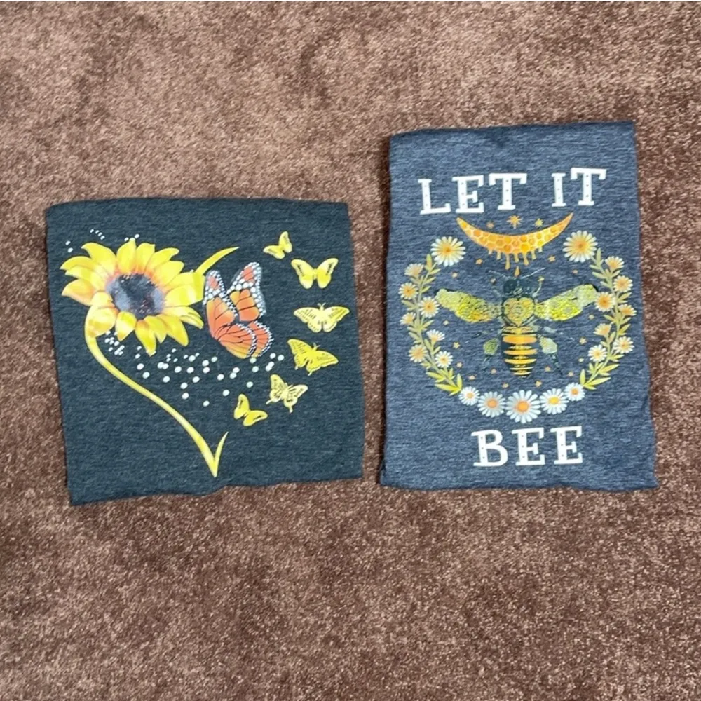 Set of 2 dark heather grey tshirts Let It Bee 🐝 & sunflower 🌻 butterflies 🦋 Gray Size M - Image 3