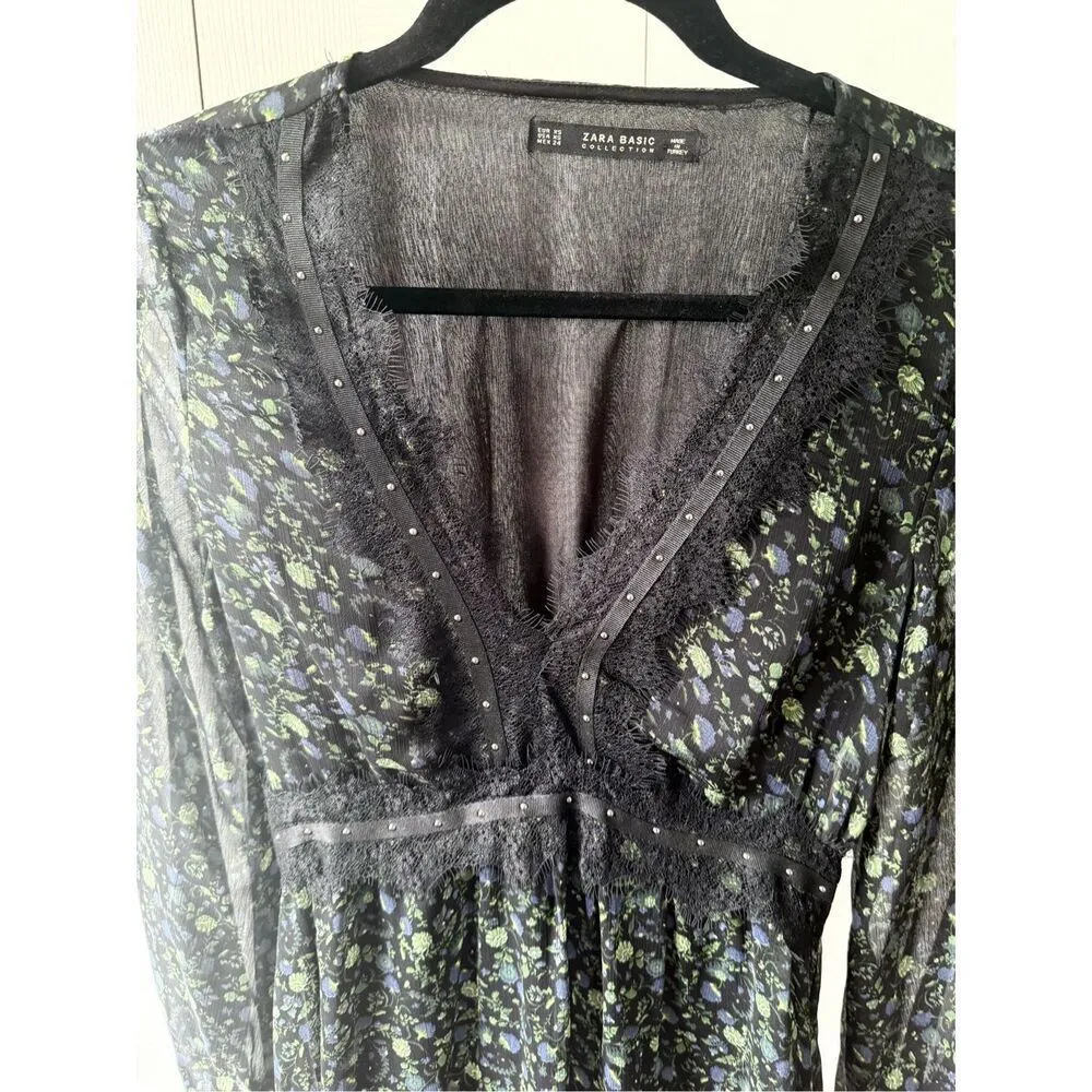 Zara XS Floral Lace V Neck Long Sleeve Mini Dress - Image 8