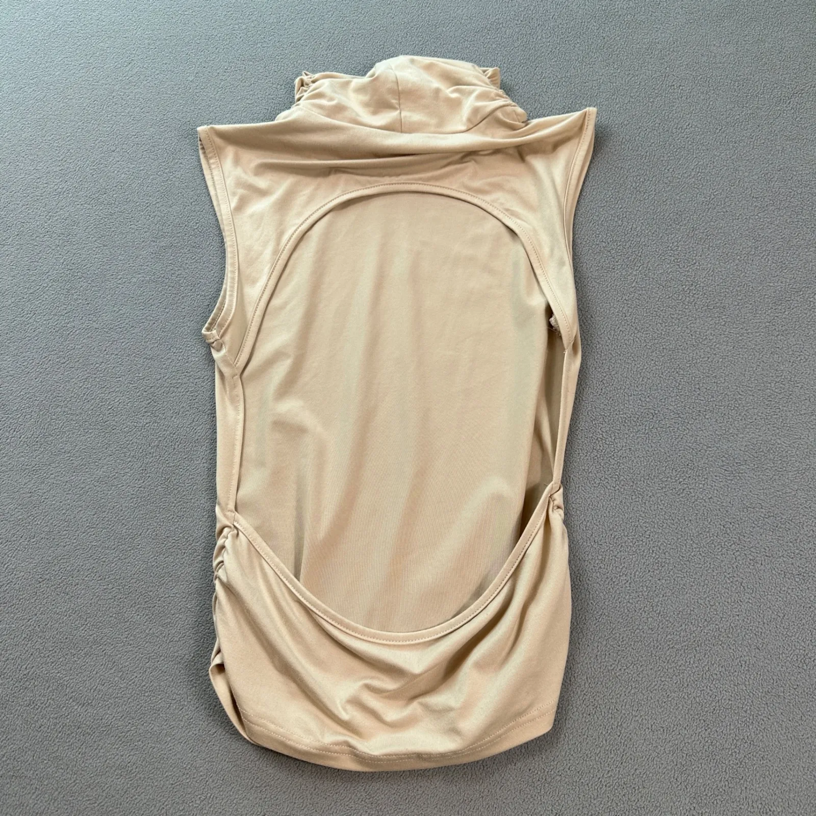 Tunic Top Sleek Sleeveless Mock Neck Ruched Sand Beige Womens Backless Tan - Image 3