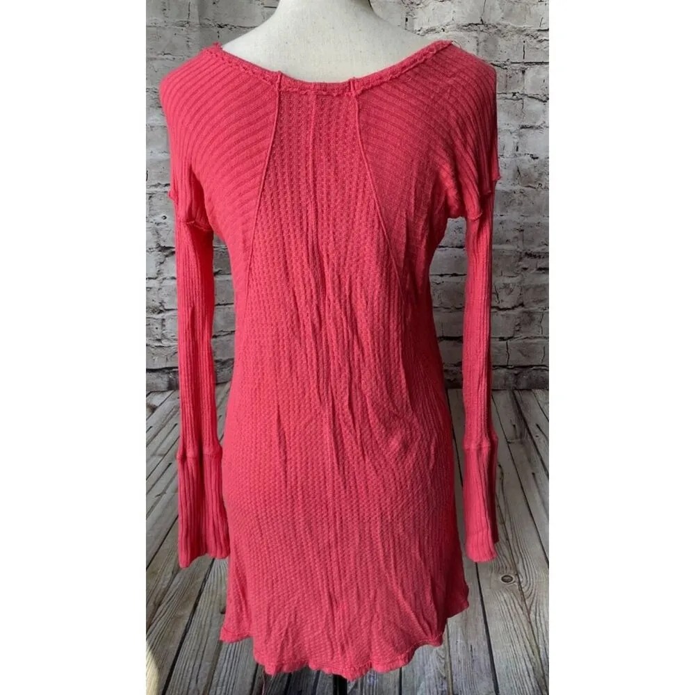 Free People Womens Shirt Sz XS Coral Waffle Knit Long Sleeve Casual‎ - Image 3
