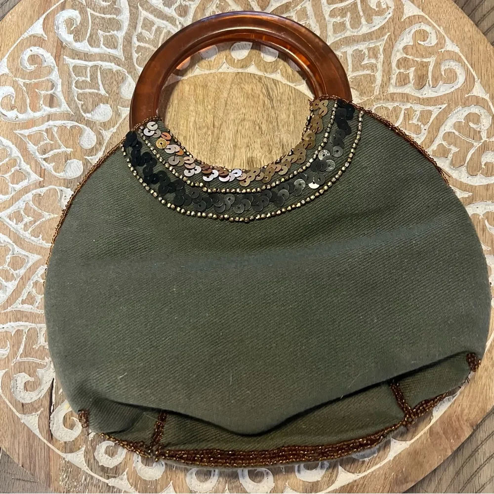 Vintage olive green beaded crescent moon bag - Image 5