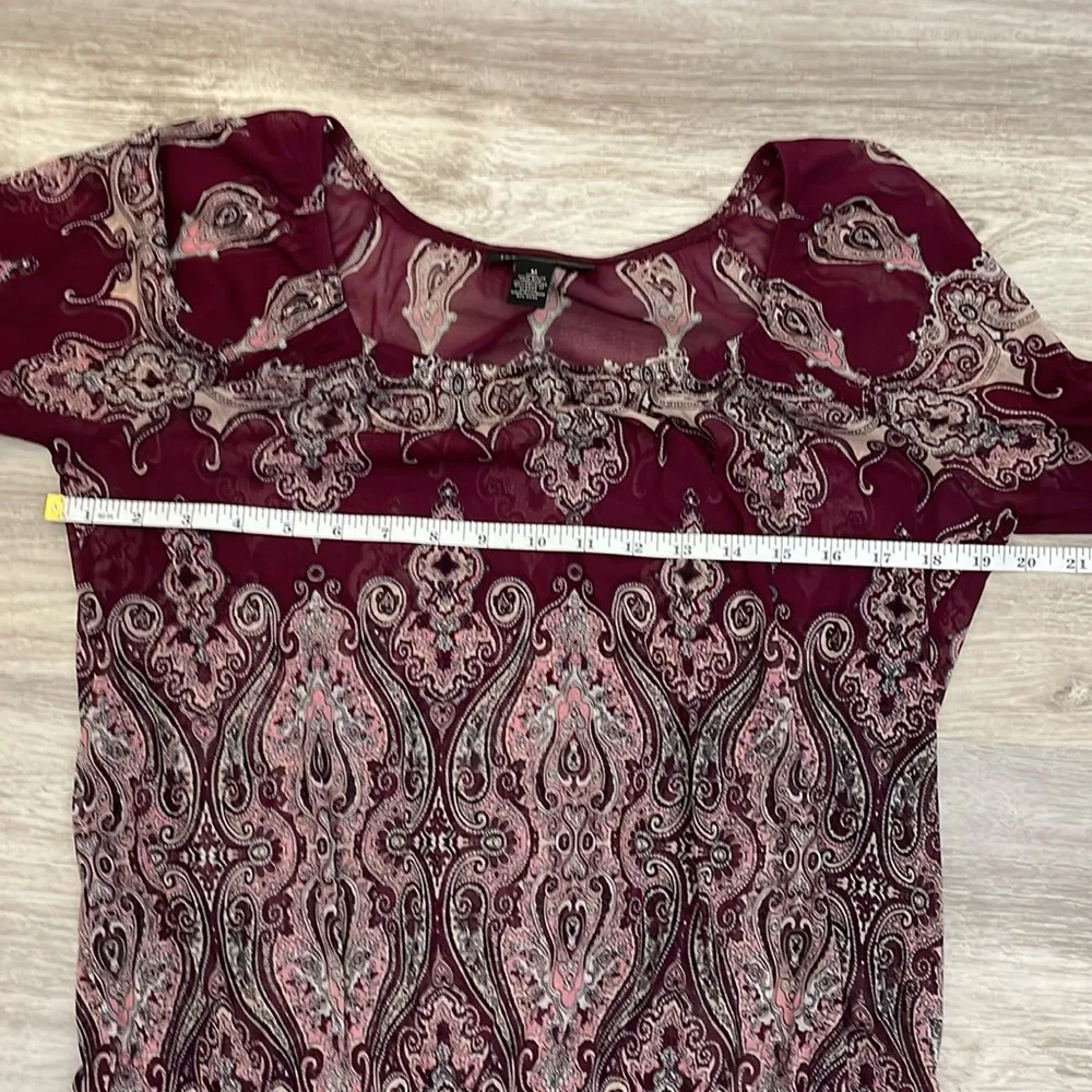 Wine Color Paisley Sheer Blouse Elastic 3/4 Sleeves & Low Elastic Waist M - Image 9