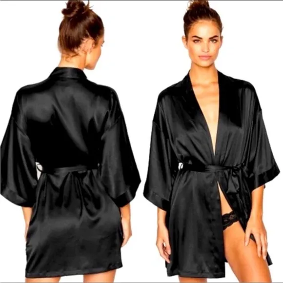 Victoria's Secret Angels Black Short Kimono Belt Satin - Image 2