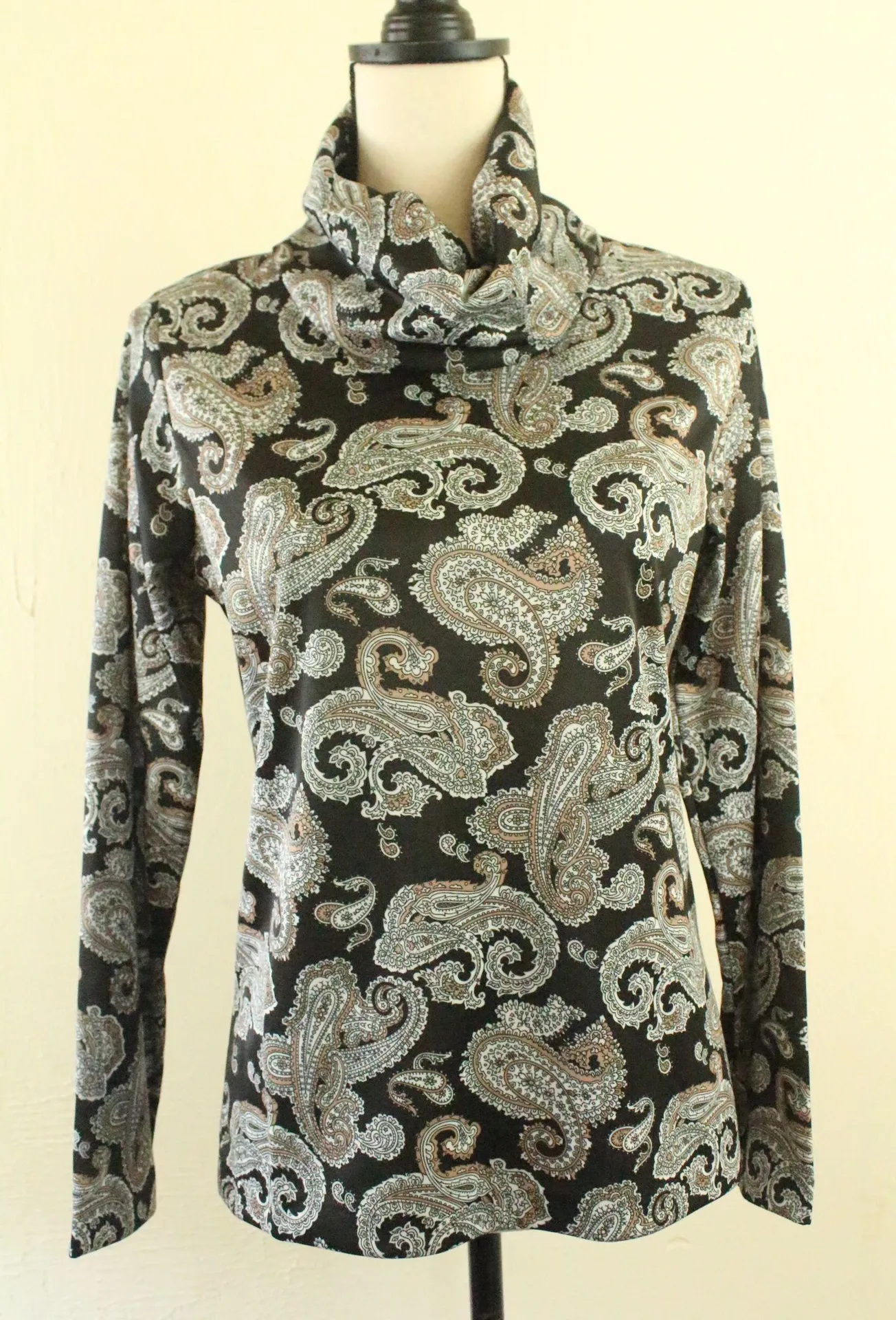 Vintage 70s Polyester Black Gray Polyester Turtleneck Top Size M - Image 3