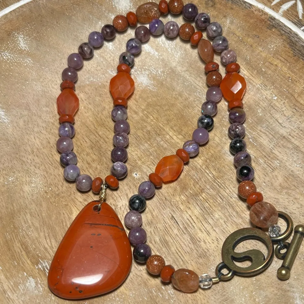 Energy Muse Strength Red Jasper, Carnelian, Sunstone & Charoite Beaded Necklace - Image 6