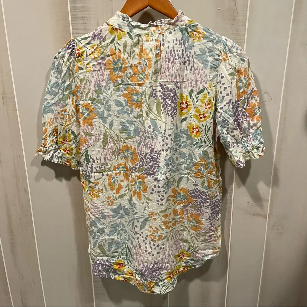 Cute breezy cotton blend floral puff sleeve top ruffle button collar dreamy White Size XS - Image 4