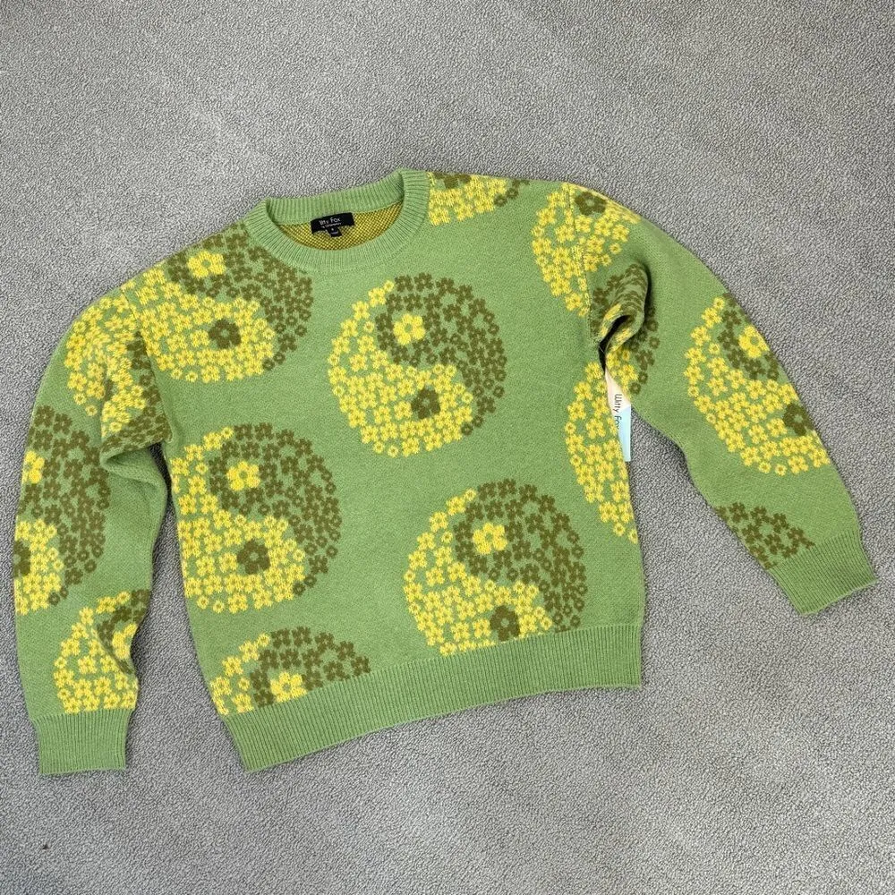 Witty Fox Yin Yang Floral Pullover Sweater Green Yellow Small - Image 7