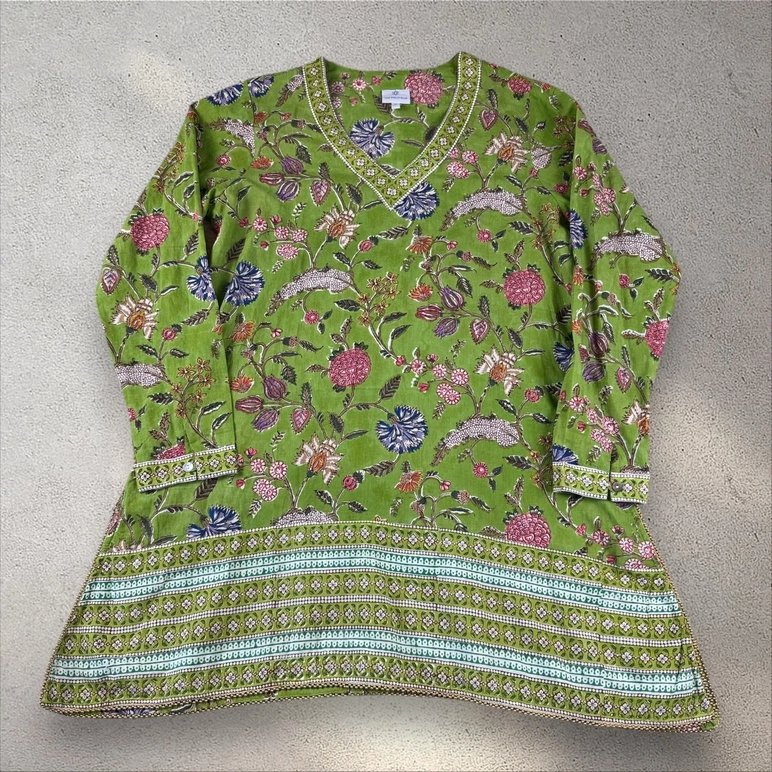 PAX PHILOMENA ALEX KEY LIME GREEN TUNIC BEADED EMBELLISHED FLORAL COTTON Sz M Size M - Image 6