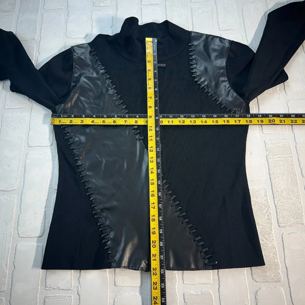 Yuka Sweater Jacket Womens Large Black Faux Leather Ribbed Knit Zip Whip Stitch‎ - Image 2