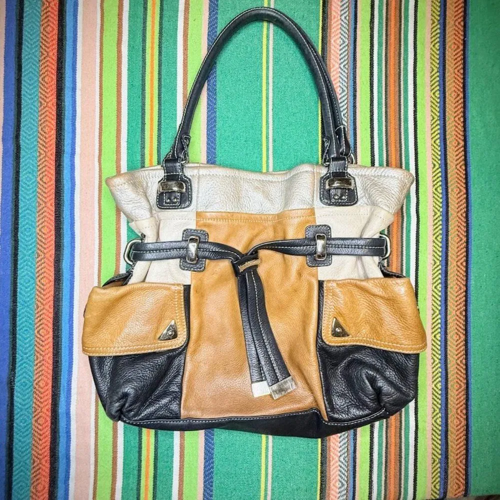 Vintage B. Makowsky Colorblock Leather Satchel Bag in Black Tan Cream & Silver - Image 5