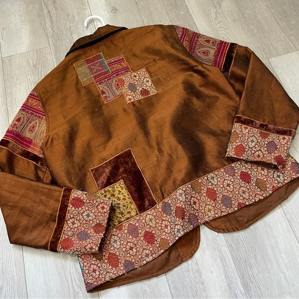 Coldwater Creek Jacket silk patchwork bohemian womens Brown (medium petite) 70s - Image 4