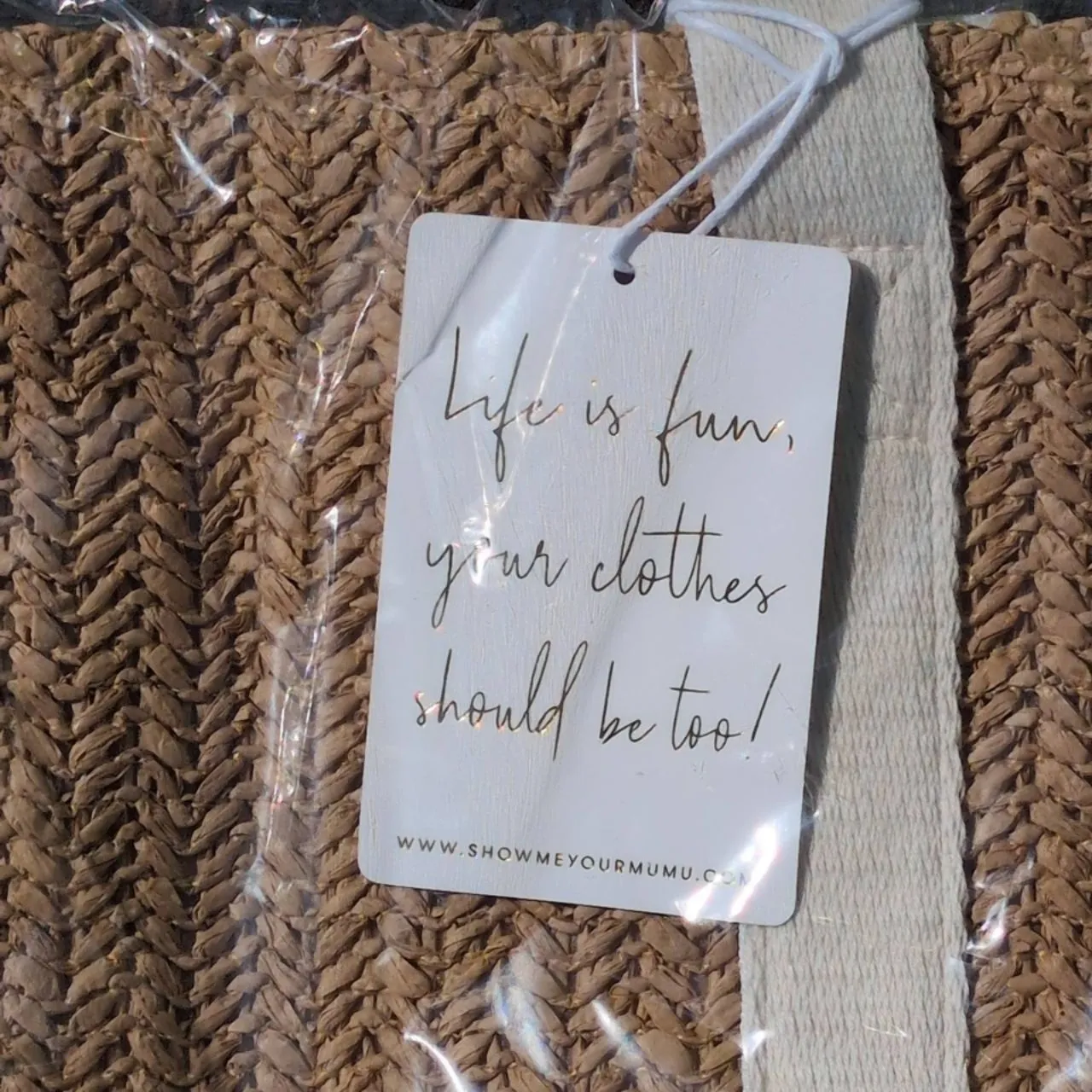 NWT Show Me Your Mumu Sunseeker Paper and Straw Tote Bag Natural Tan White Woven - Image 8