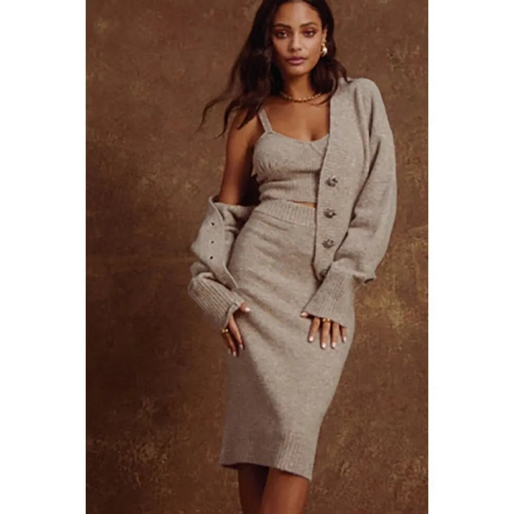 ASTR the Label Terry Knit Belmont Midi Skirt in Taupe Gray Marled Small New - Image 12