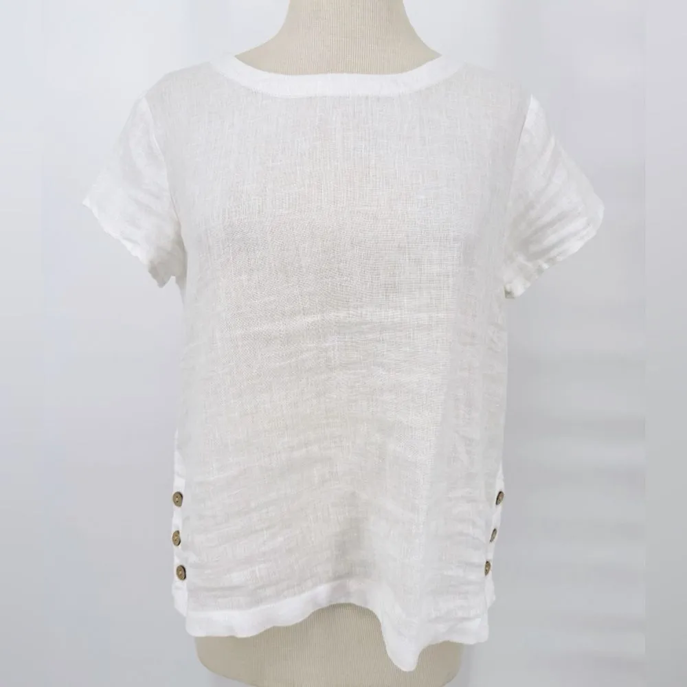 Cynthia Rowley Linen Side Buttons Boxy Short Sleeve Lagenlook White‎ Top Small - Image 7