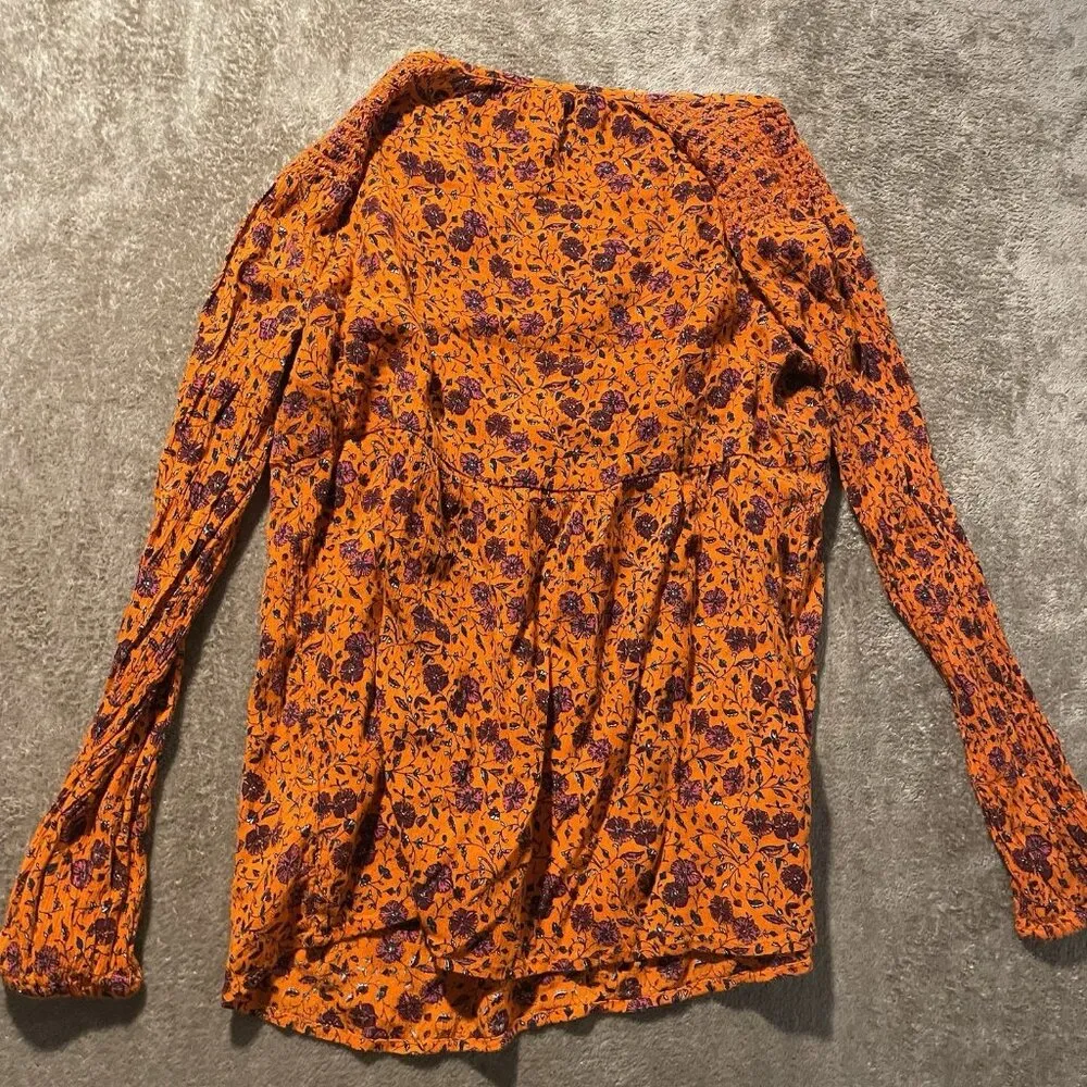Old Navy Blouse Womens Small Orange Floral Long Sleeve Tunic Peasant Tassel Rayo - Image 3