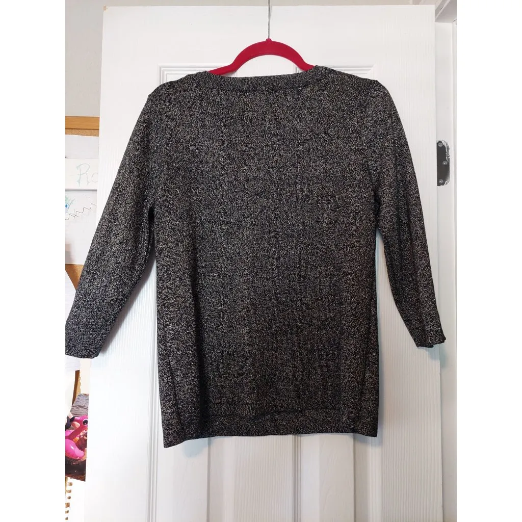 Liz Claiborne Career Petite Black & Silver Metallic 3/4 Sleeve Sweater Top - Image 4