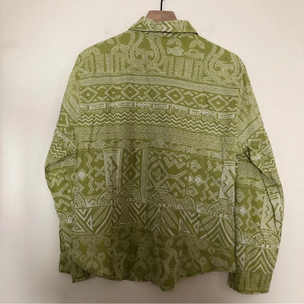 Chicos Cotton Green Aztec Tribal Tropical Long Sleeve Button Up Shirt Blouse Top - Image 9