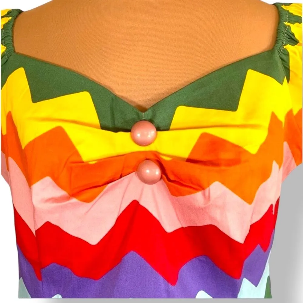 ModCloth X Collectif Rainbow Striped Abstract Button Front Short Sleeve Top 16 Red - Image 6
