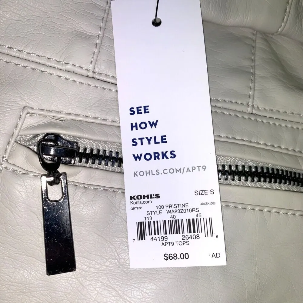 Apt 9 Womens Jacket Coat Faux Leather Quilted Moto Biker Ivory Small - Image 12