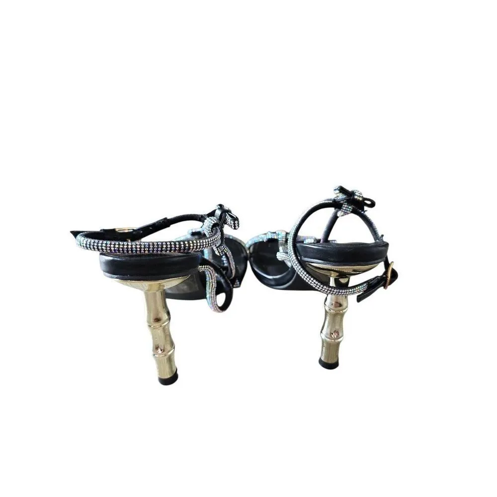 Chase & Chloe Sandals Rhinestone Ankle Strap in Black Gold Heel - Image 6