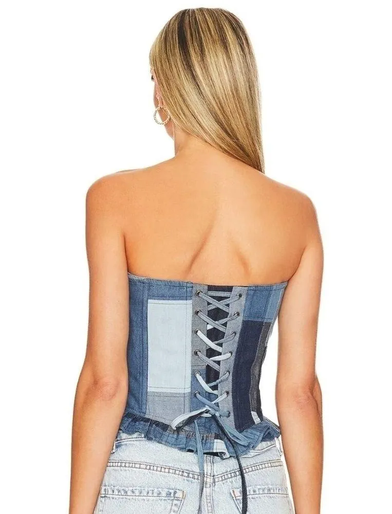 Love the Label Valeria Corset Top in Denim Patchwork Blue Size Small Strapless - Image 3