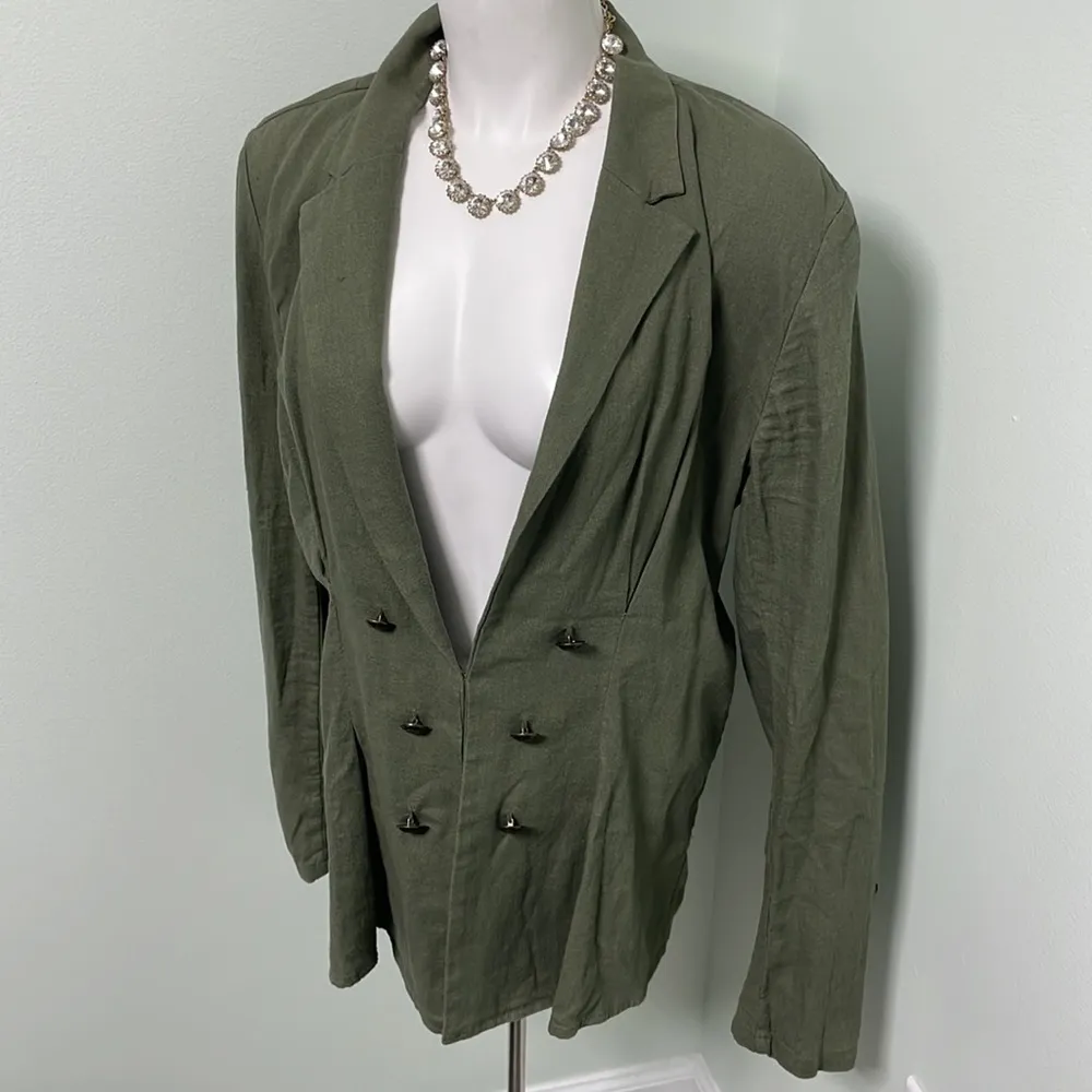 Free People Cinched Waist Linen Blend Blazer Olive Green - Image 4
