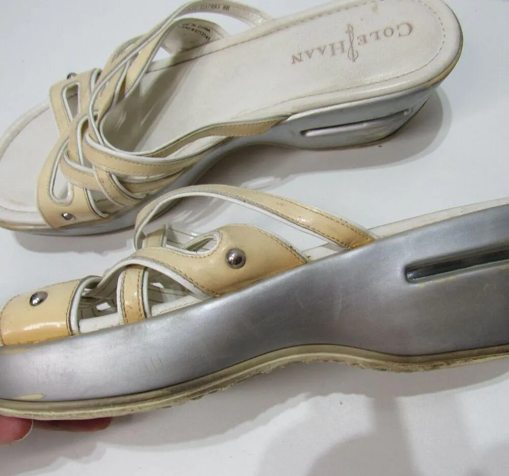 Cole Haan Air Shoes Womens 8 B Silver Cream Peep Toe Wedge Heels Sandals Y2K - Image 5